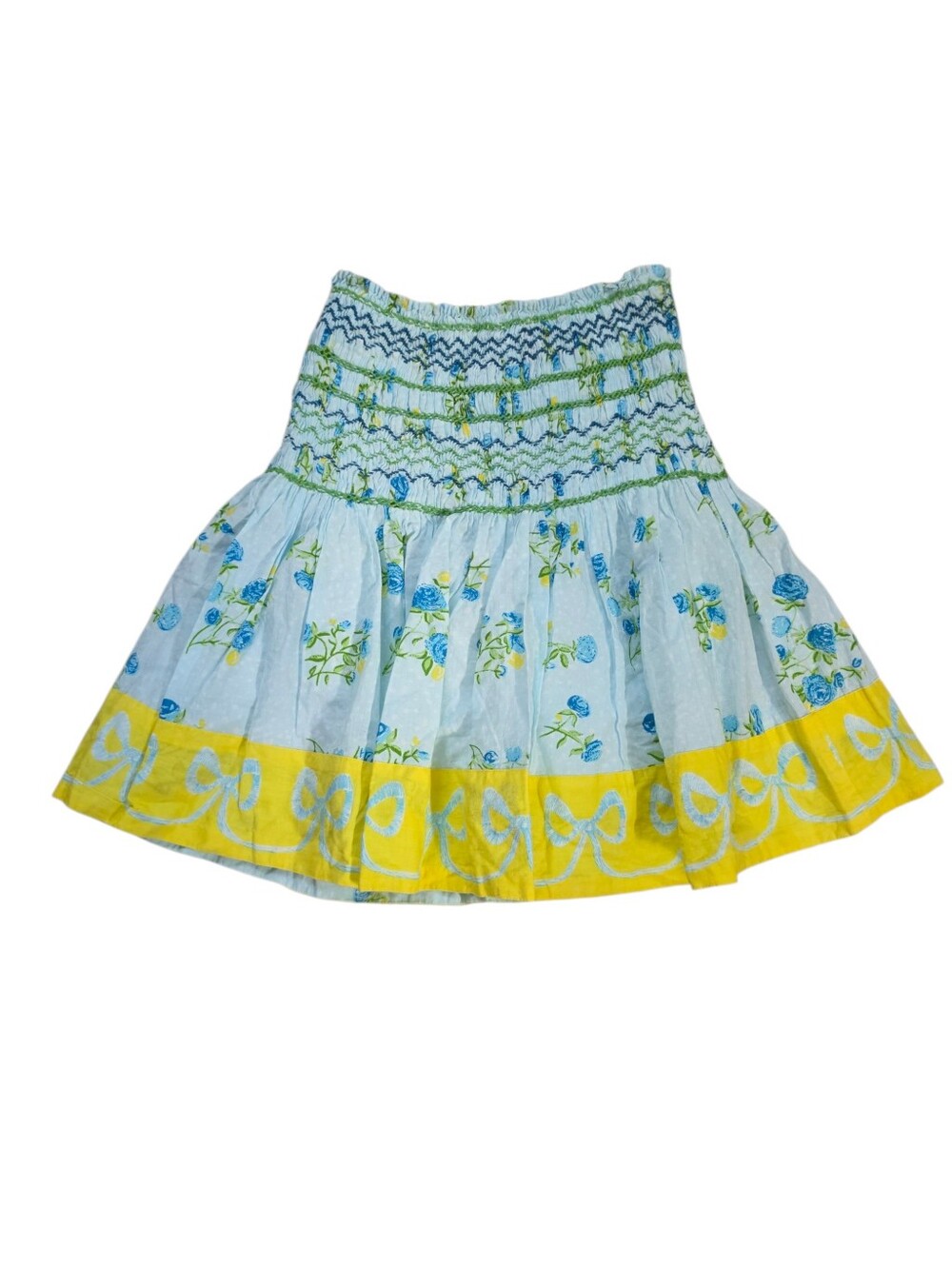 Mary Marshmallow Smocked Mini Skirt Light Blue Yellow Bows Floral Size S